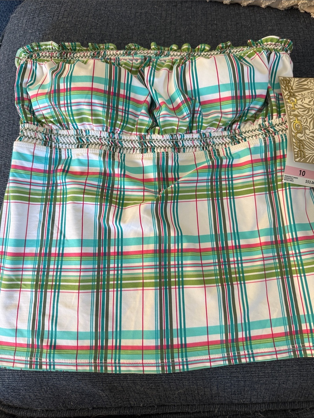 NWT BeachHouse Strapless Plaid Summer Top sz. 10 in White, Turquoise & Green